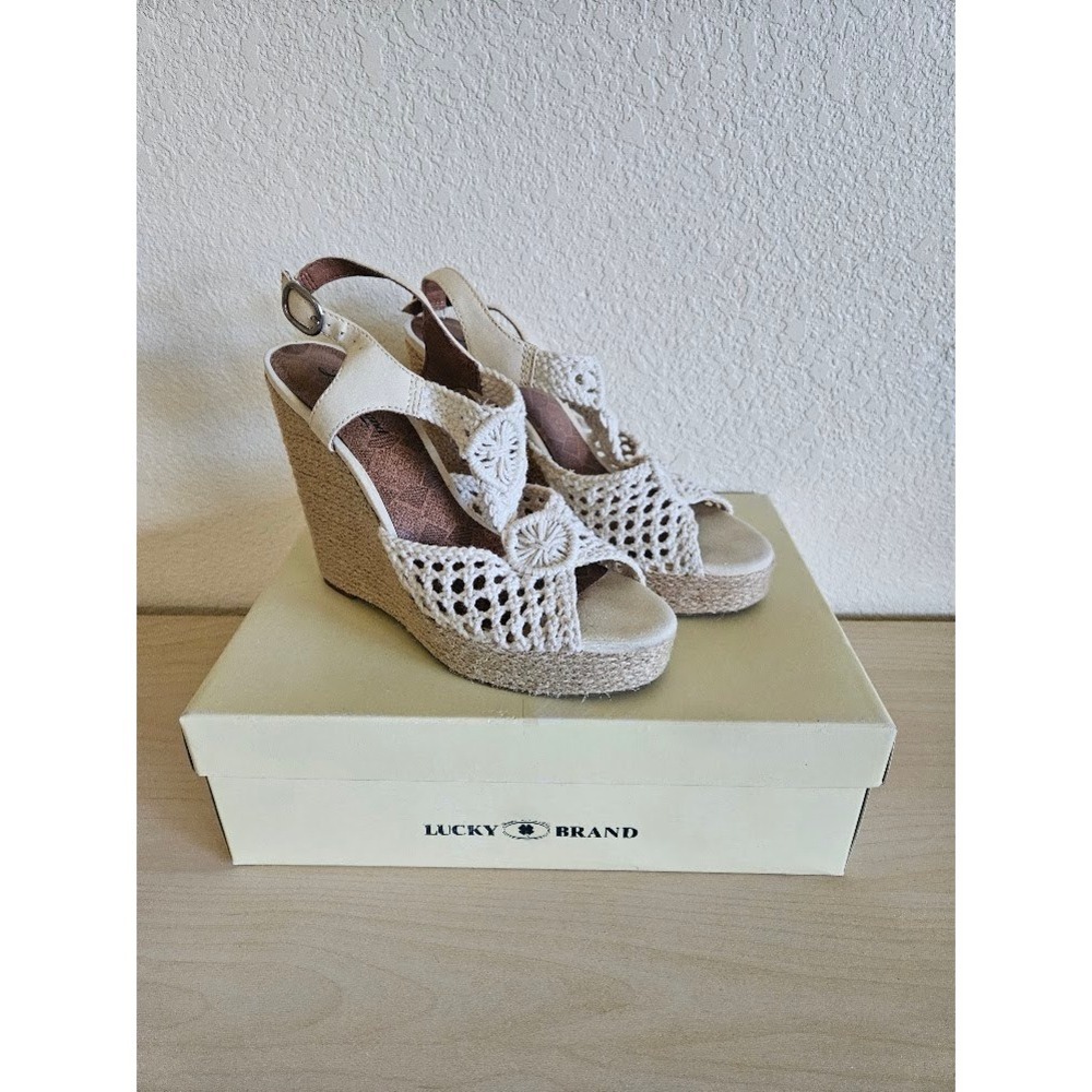 Lucky Brand Macrame Crochet Sandals Wedge Heels Cream Women Size 8 Boho